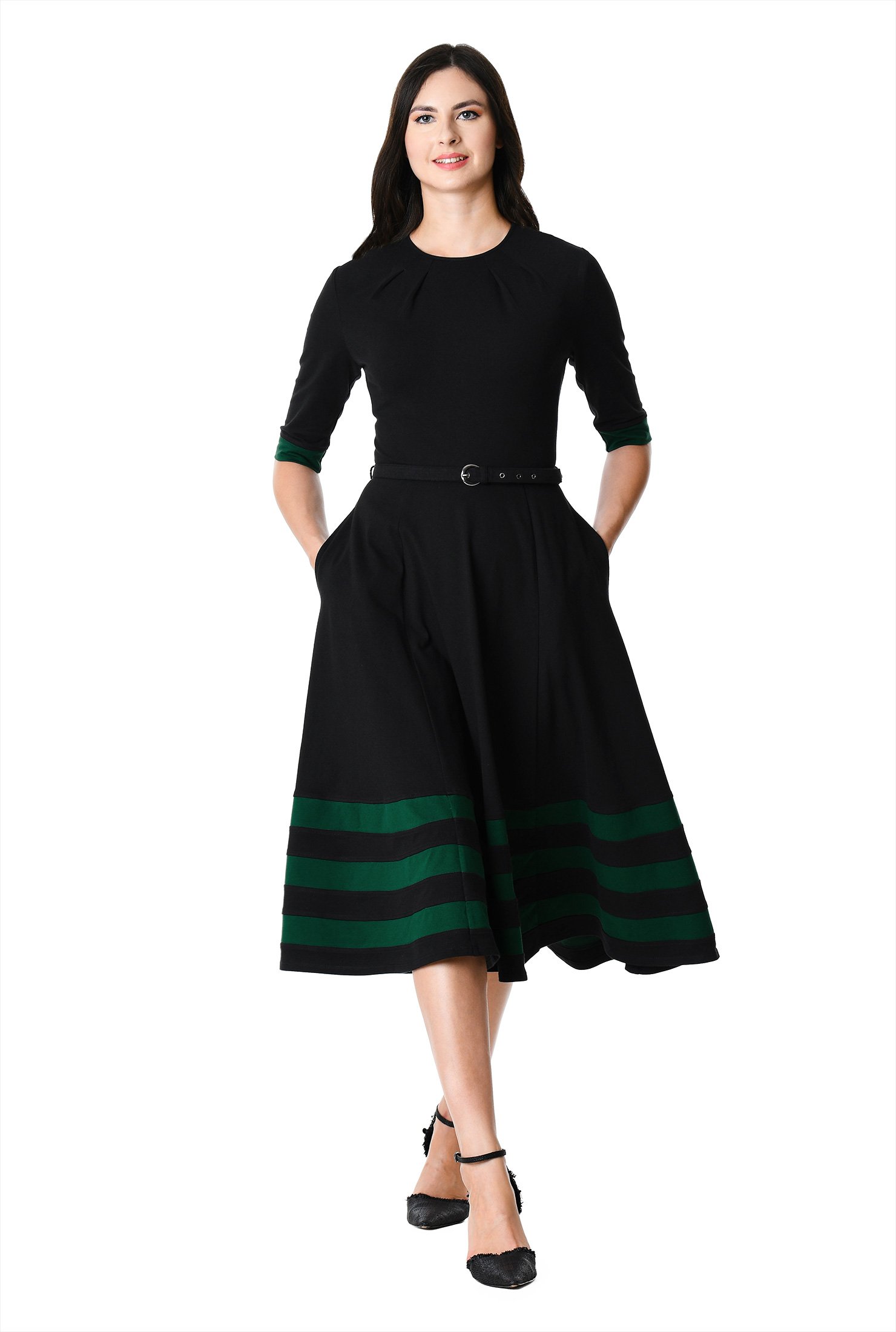 Shop Banded stripe hem cotton knit belted dress | eShakti