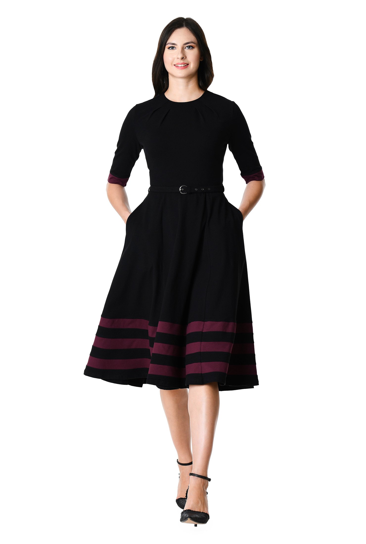 Shop Banded stripe hem cotton knit belted dress | eShakti