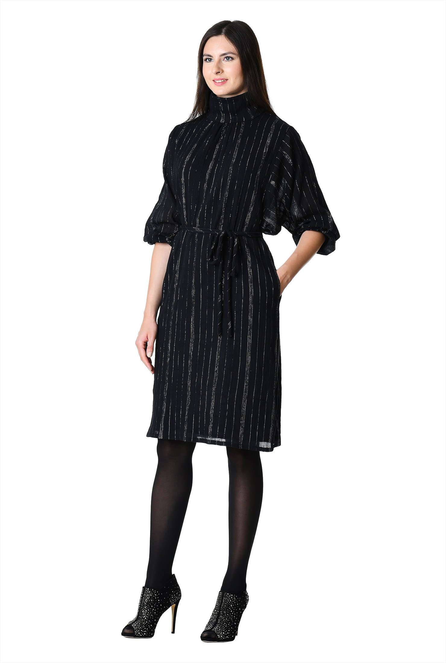 Shop Turtleneck cotton lurex stripe shift dress | eShakti