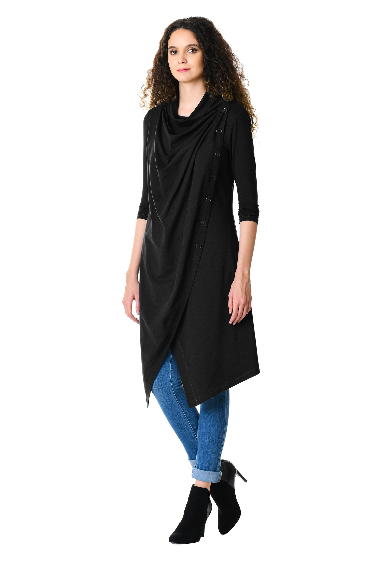 Shop Cowl neck cotton knit asymmetric wrap tunic eShakti