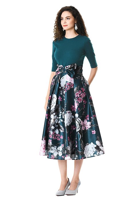 Shop Floral print dupioni and cotton knit dress | eShakti