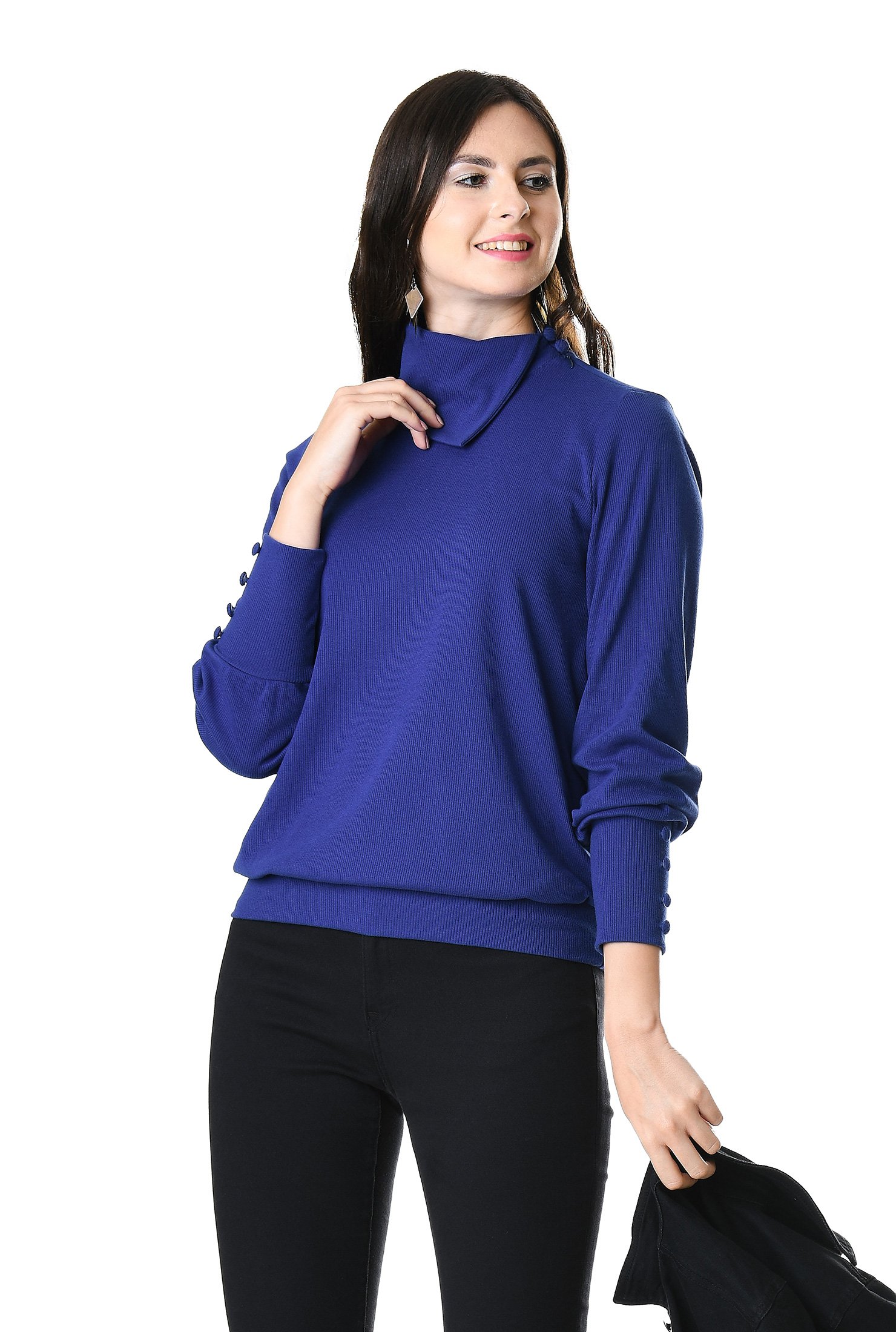 Asymmetric collar rib knit pullover