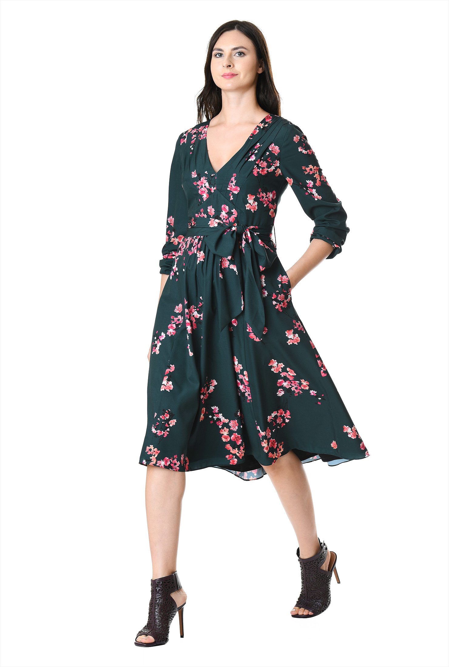 Shop Pleated floral print crepe dress | eShakti