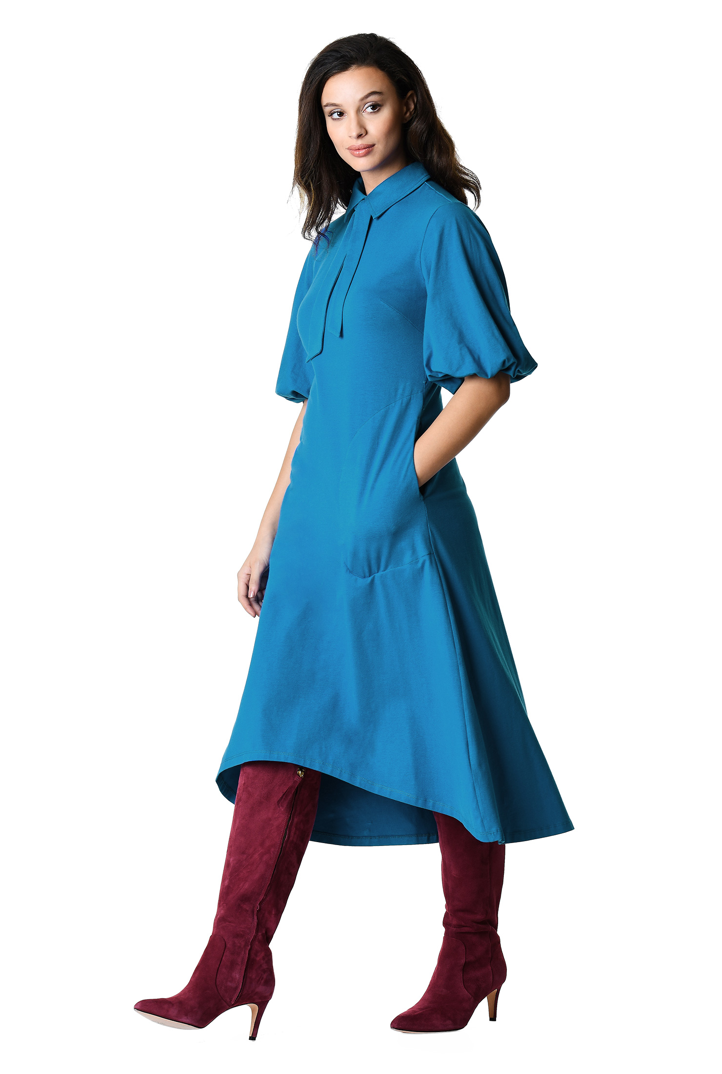 Shop Tieneck cotton knit highlow shift dress eShakti