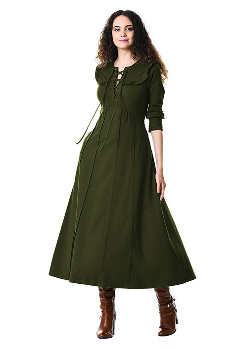 Shop Lace-up cotton knit ruffle trim empire dress | eShakti