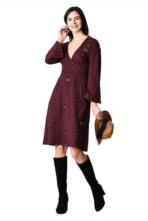 Plunge graphic embellished cotton knit dress