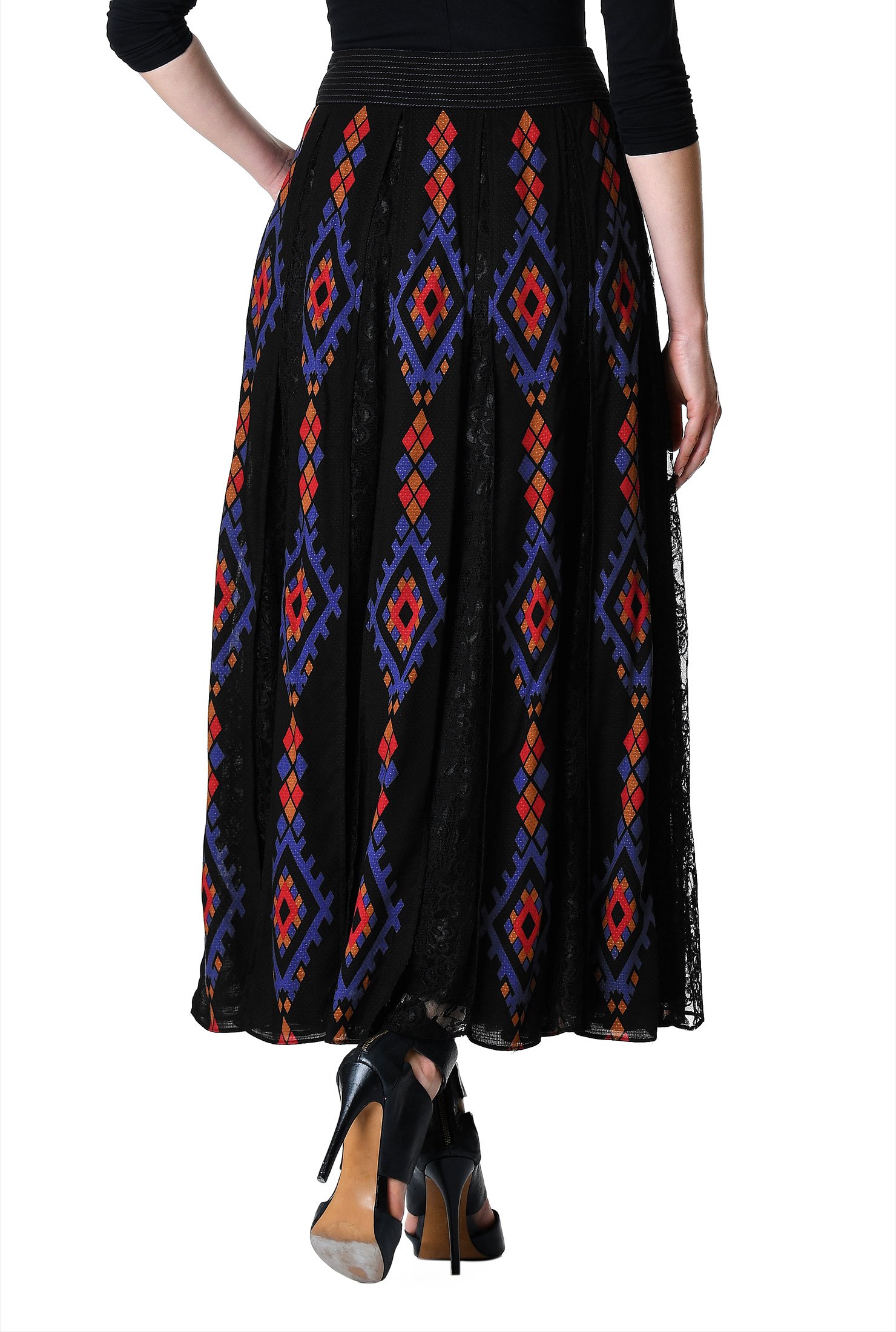 Shop Graphic print crepe and floral lace godet skirt | eShakti