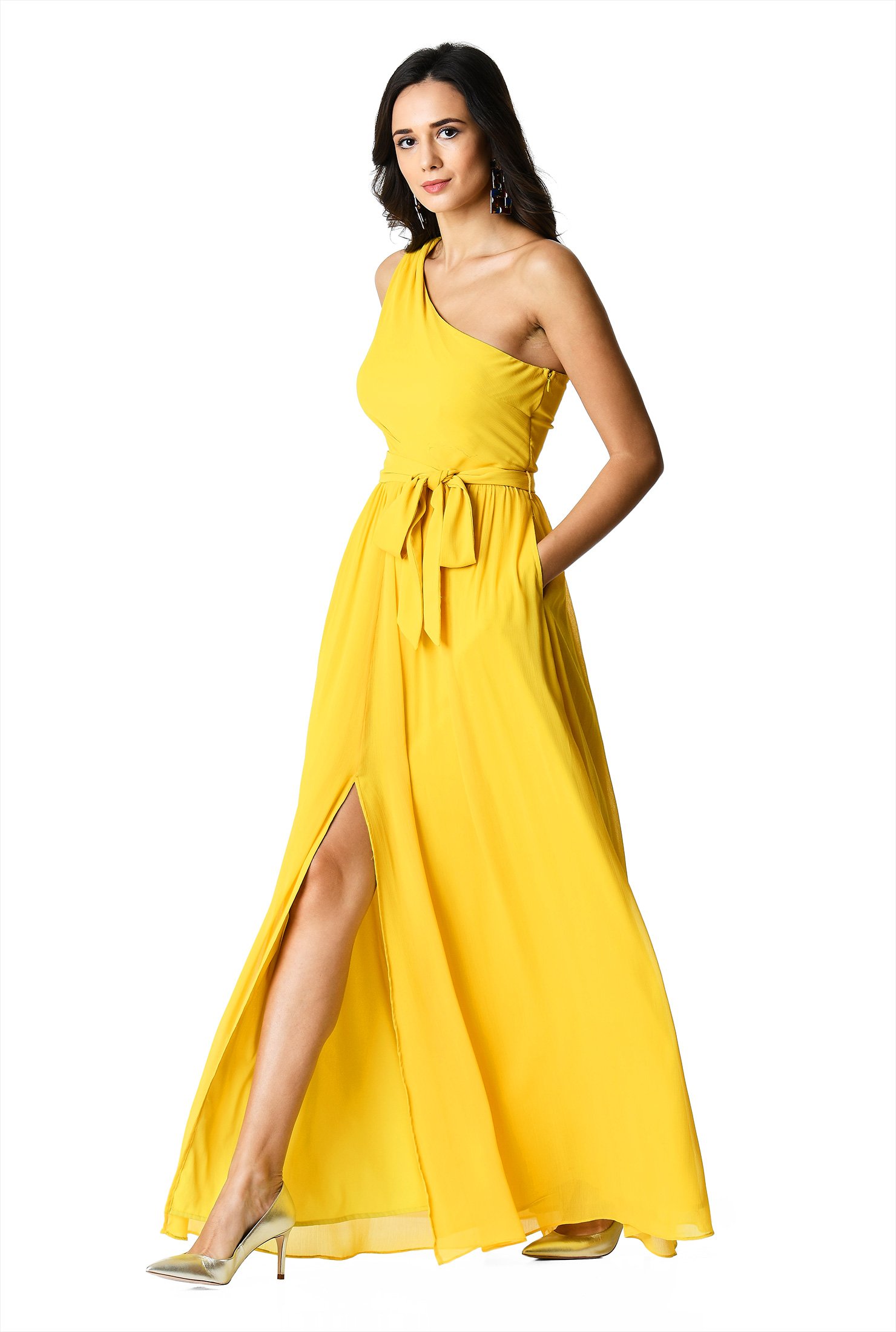 one shoulder chiffon maxi dress