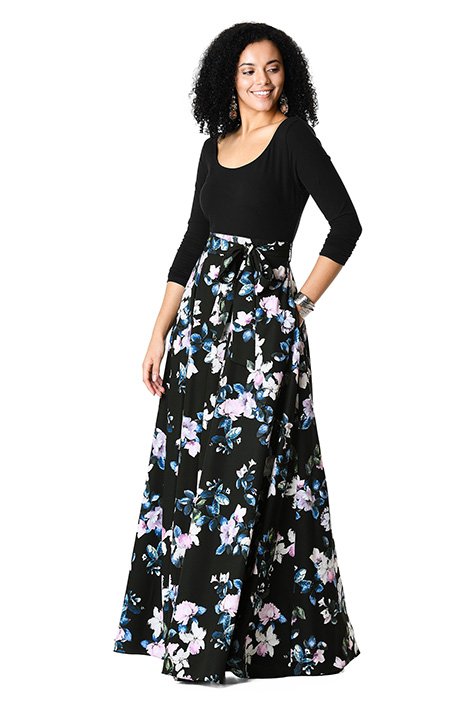 Shop Floral print crepe and cotton knit maxi dress | eShakti