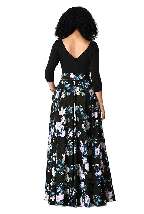 Shop Floral print crepe and cotton knit maxi dress | eShakti