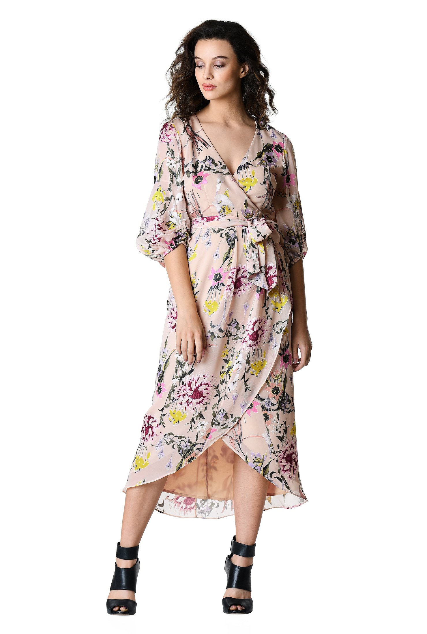 Shop Ruched sleeve floral burn-out print wrap dress | eShakti