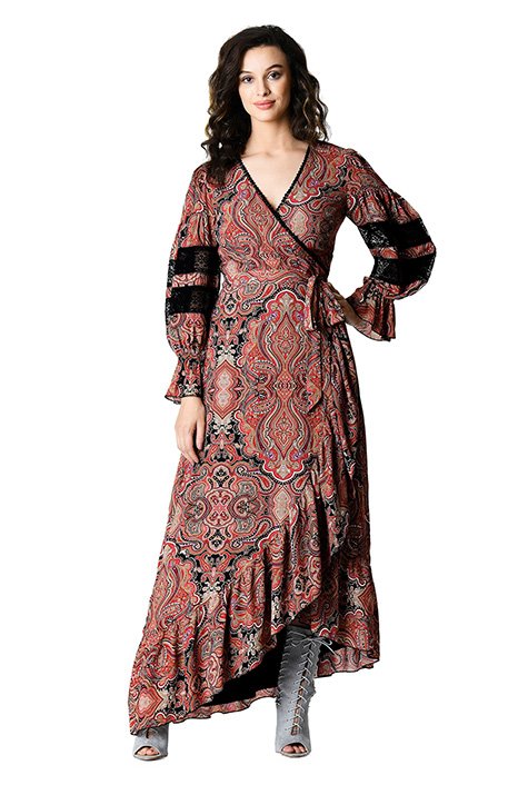 Shop Ruffle paisley print crepe lace trim wrap dress