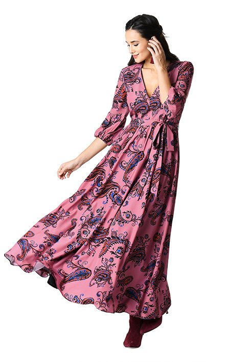 Shop Ruched sleeve paisley print crepe maxi dress | eShakti