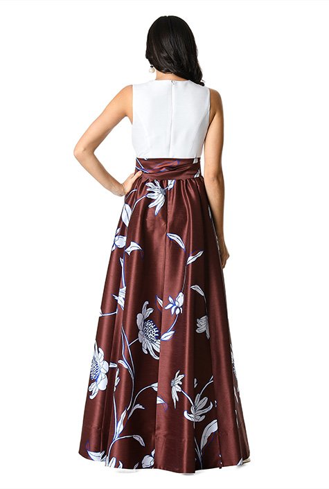 Shop Sash tie colorblock floral dupioni maxi dress | eShakti