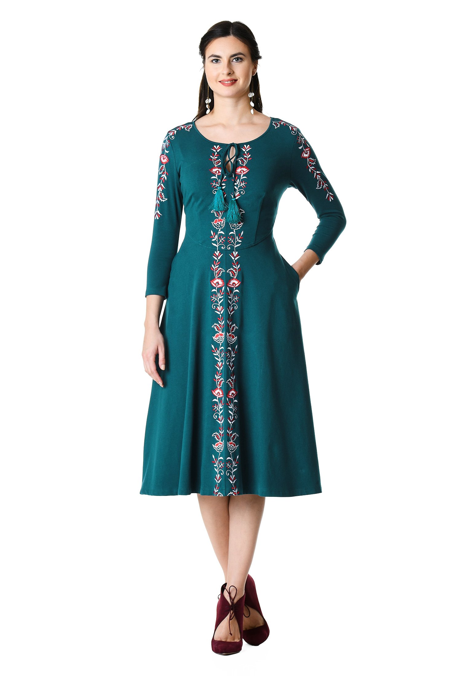 Shop Tassel tie floral embellished cotton knit dress | eShakti