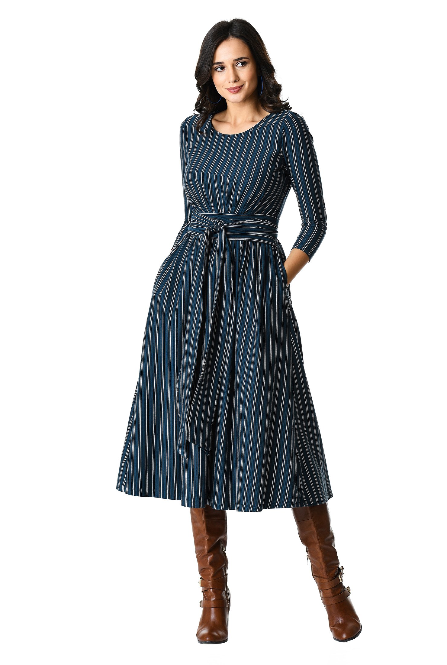 Shop Stripe cotton knit pleated obi belt dress | eShakti