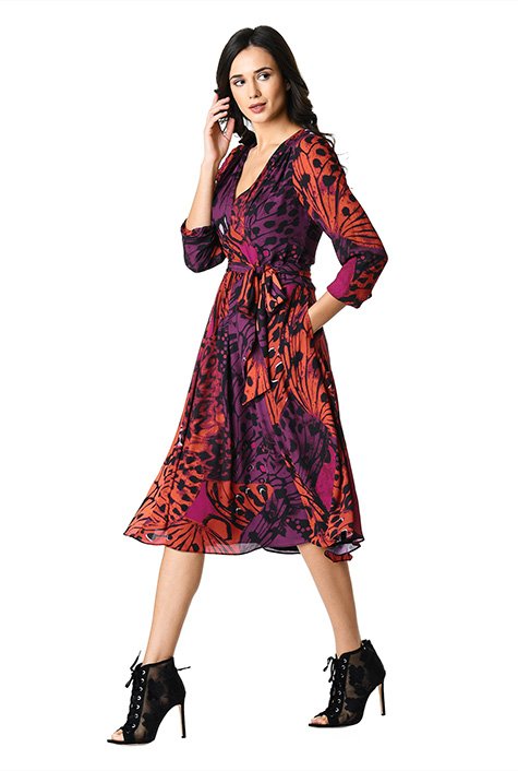 Shop Pleated butterfly print crepe dress | eShakti