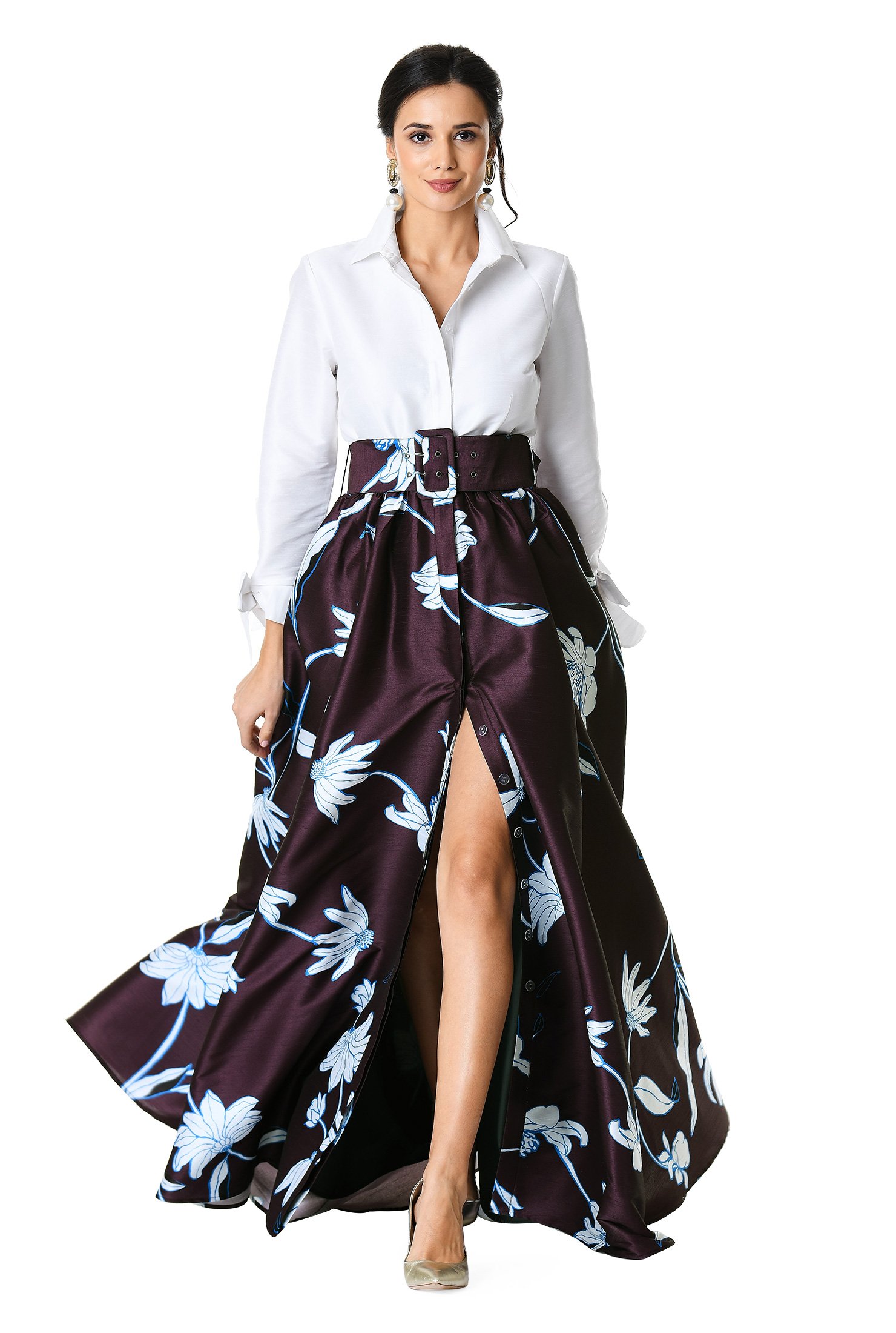 Shop Floral print dupioni maxi shirtdress  eShakti