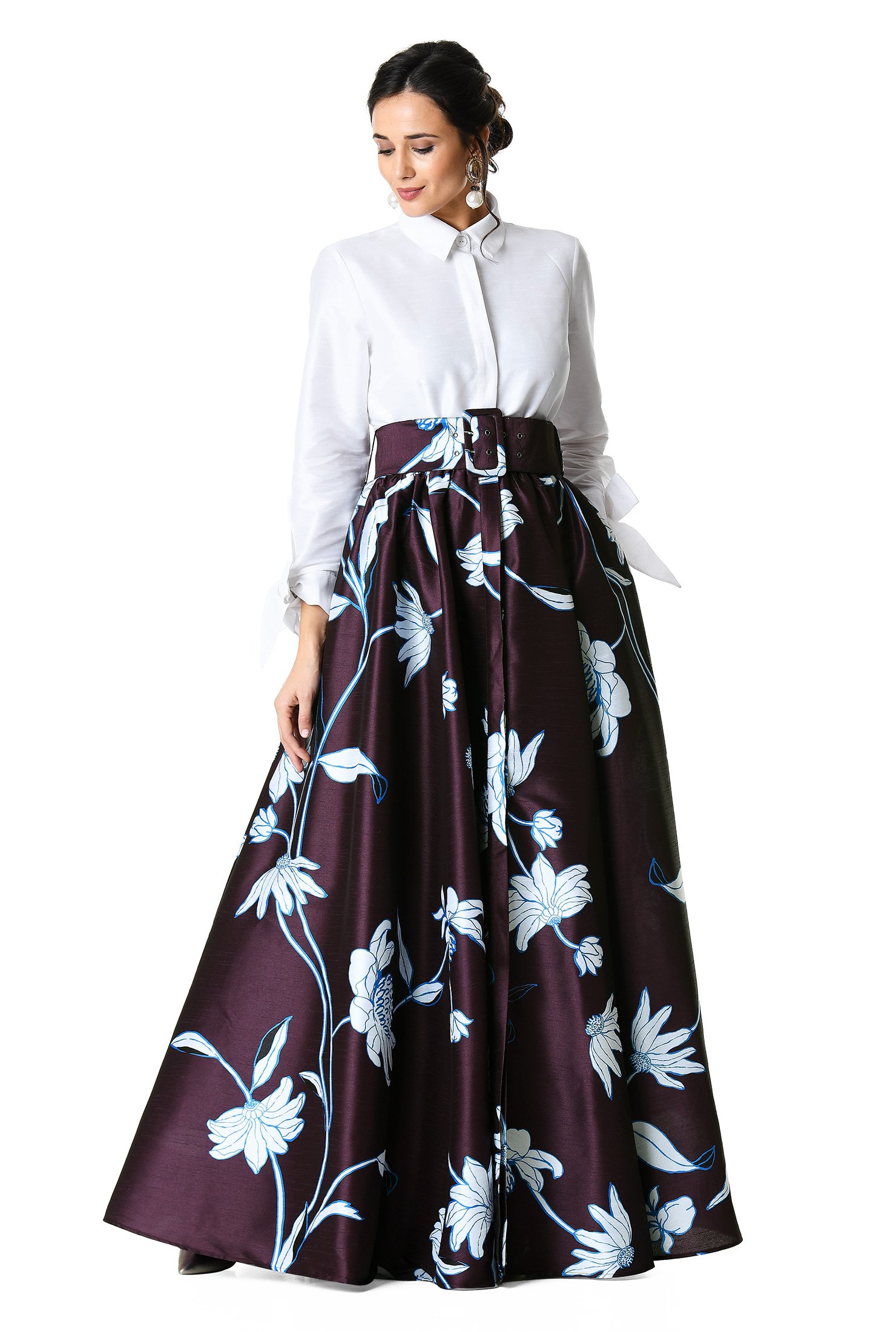 Shop Floral print dupioni maxi shirtdress  eShakti