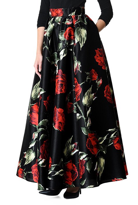 Shop Rose print dupioni maxi skirt | eShakti