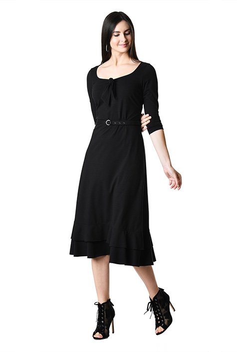 Shop Ruffle flounce hem cotton knit belted dress | eShakti