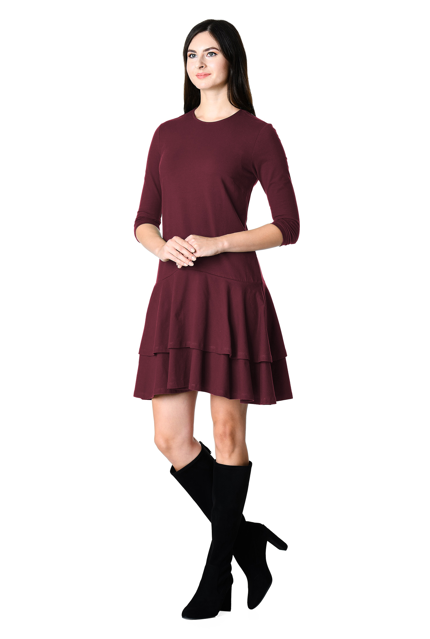 Shop Highlow flounce hem cotton knit shift dress eShakti