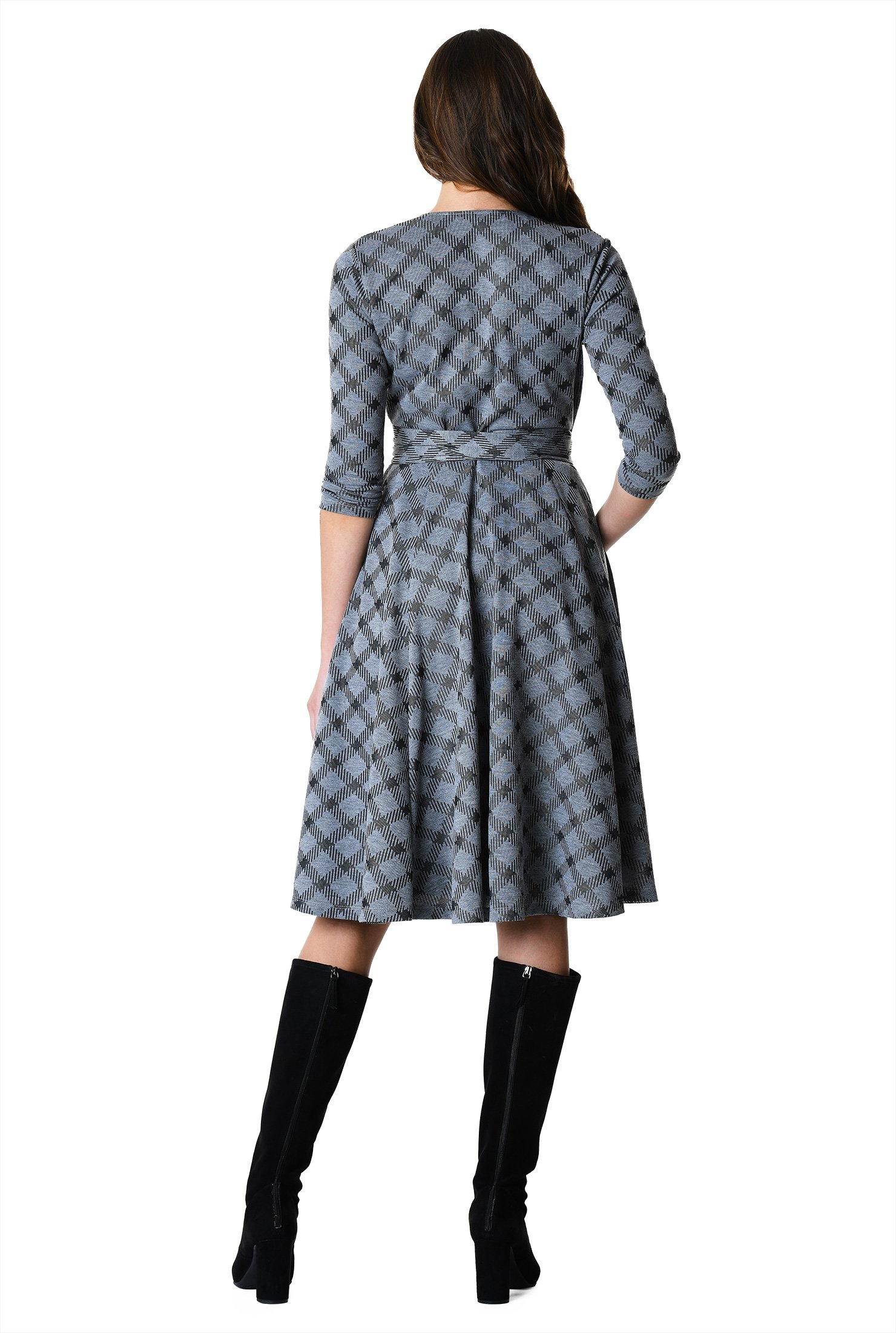 Plaid jacquard knit wrap dress