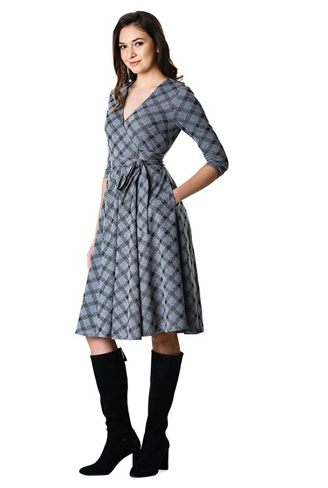 Shop Plaid jacquard knit wrap dress | eShakti