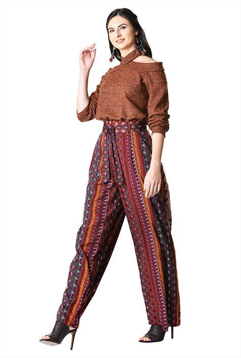 Linear paisley print crepe palazzo pants