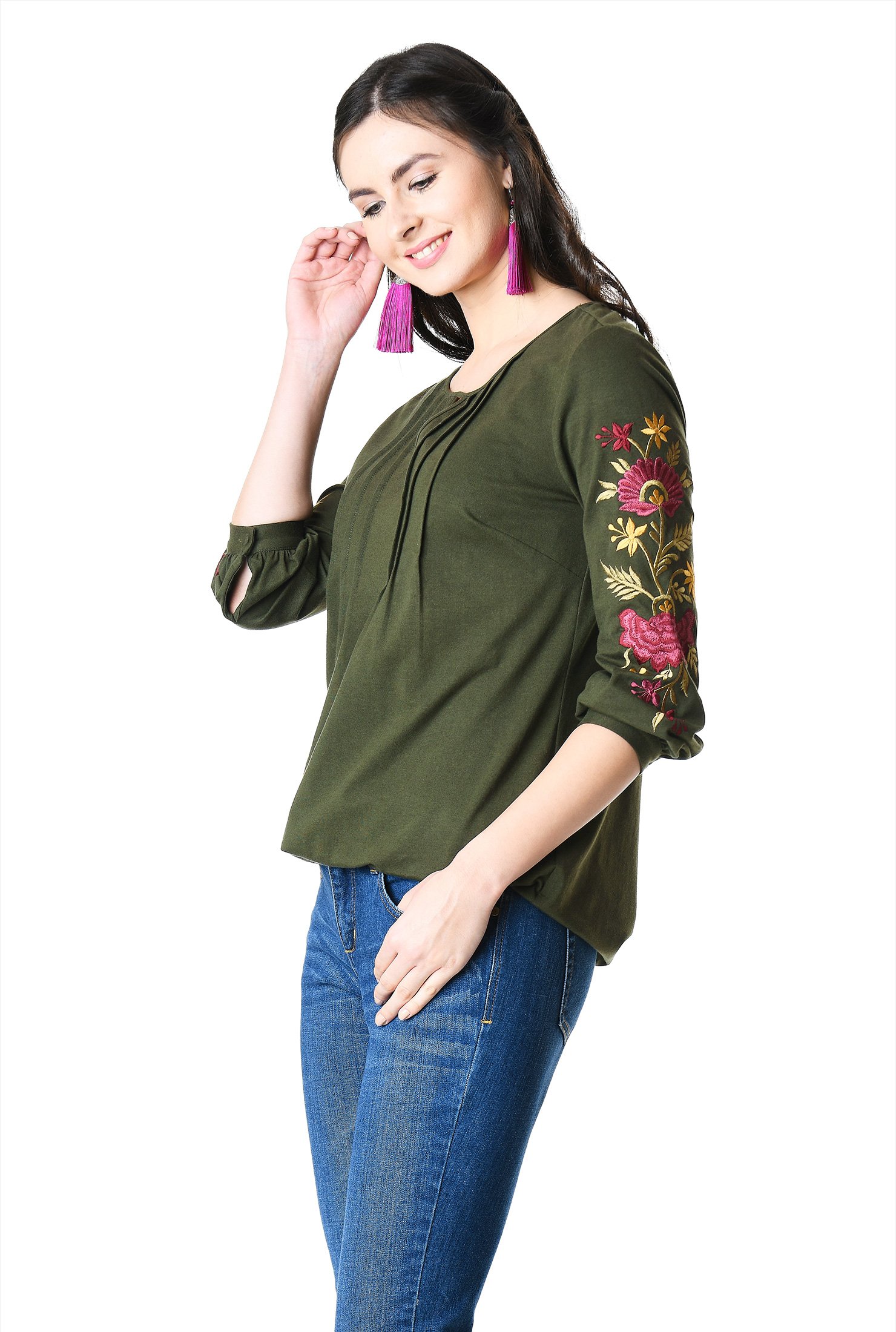 Shop Floral embellished pintuck pleat cotton knit top | eShakti