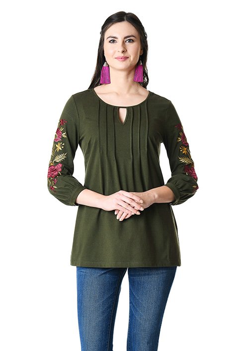 Shop Floral embellished pintuck pleat cotton knit top | eShakti