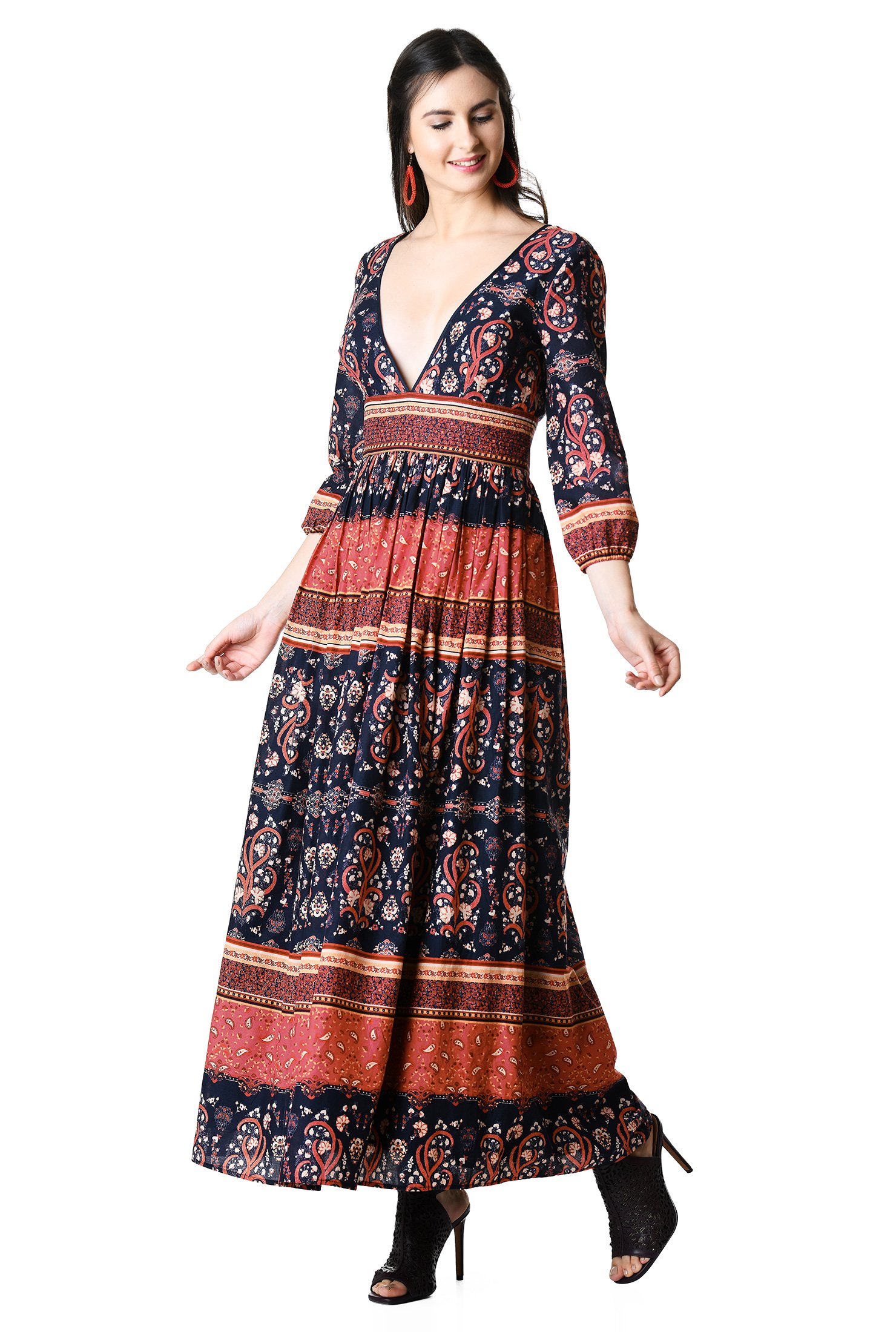Shop Floral paisley print cotton ruched maxi dress | eShakti