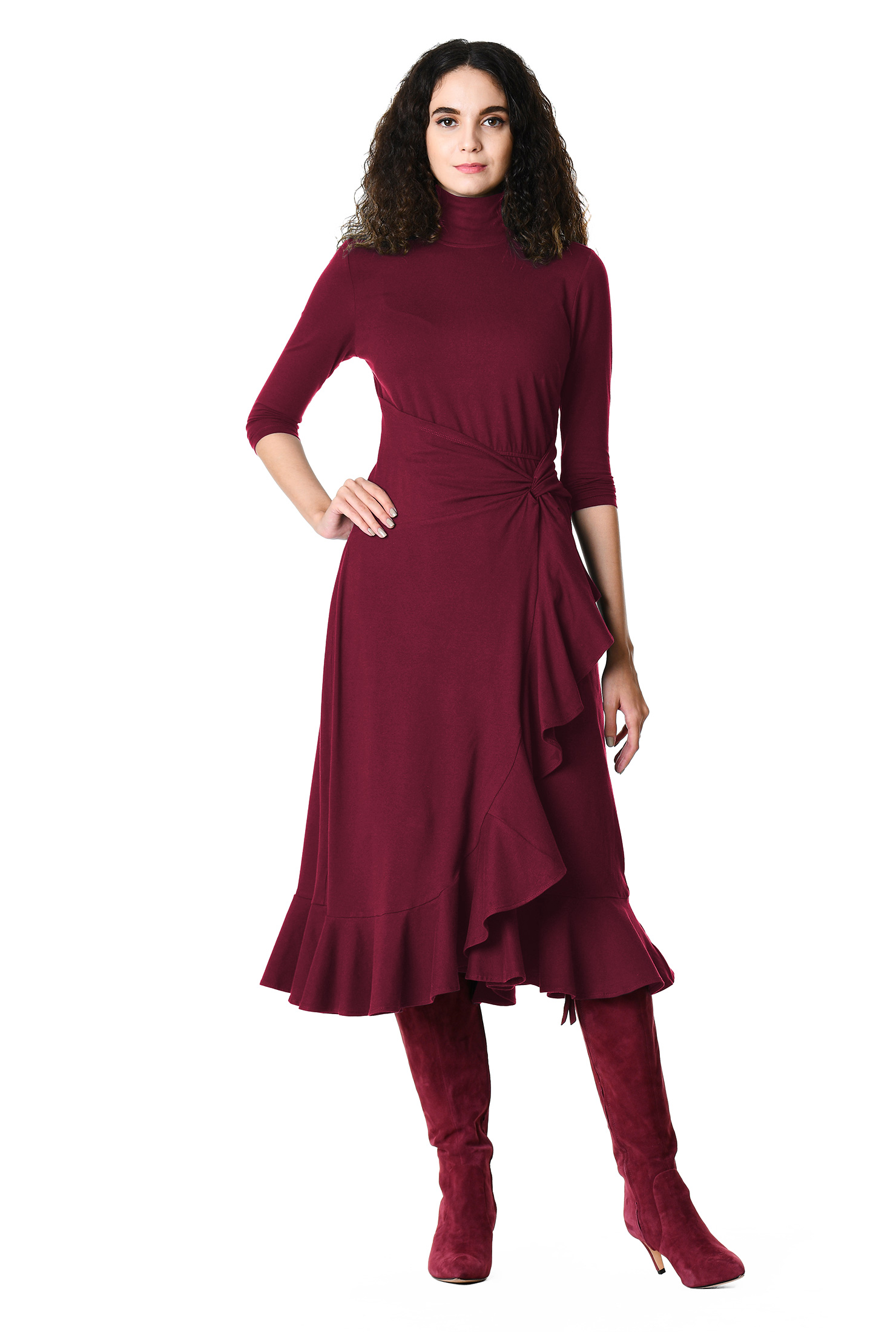 Shop Ruffle knot front cotton knit fauxwrap dress eShakti