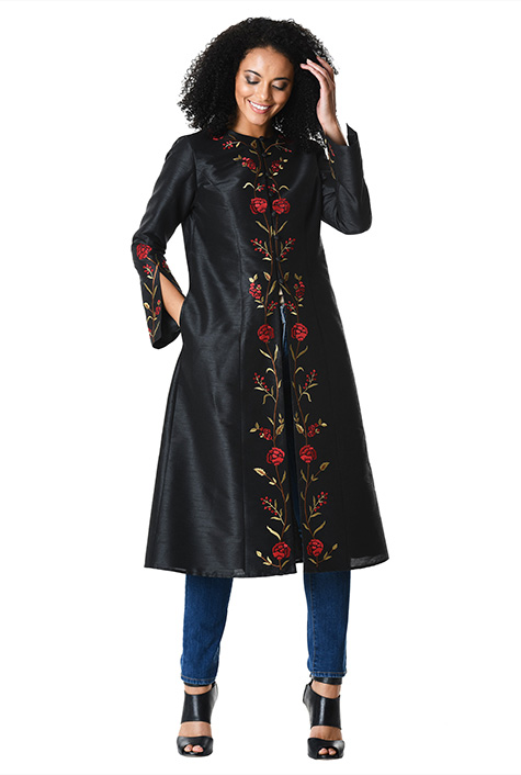 Shop Floral embellished dupioni duster jacket eShakti