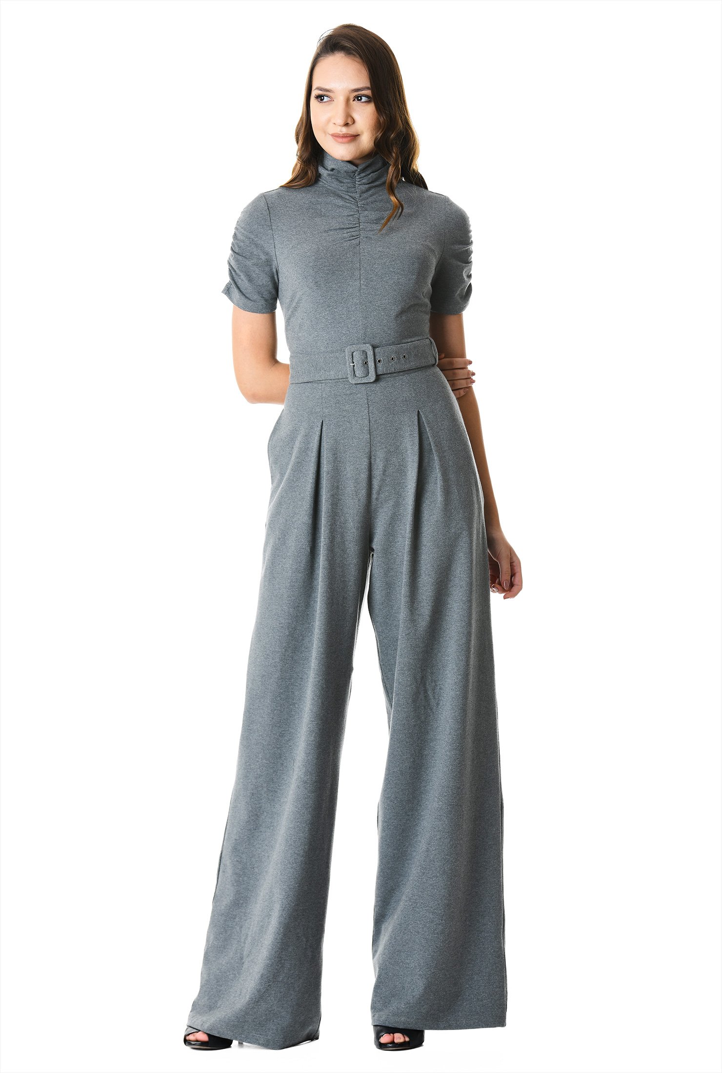 Shop Ruched turtleneck cotton knit jumpsuit eShakti