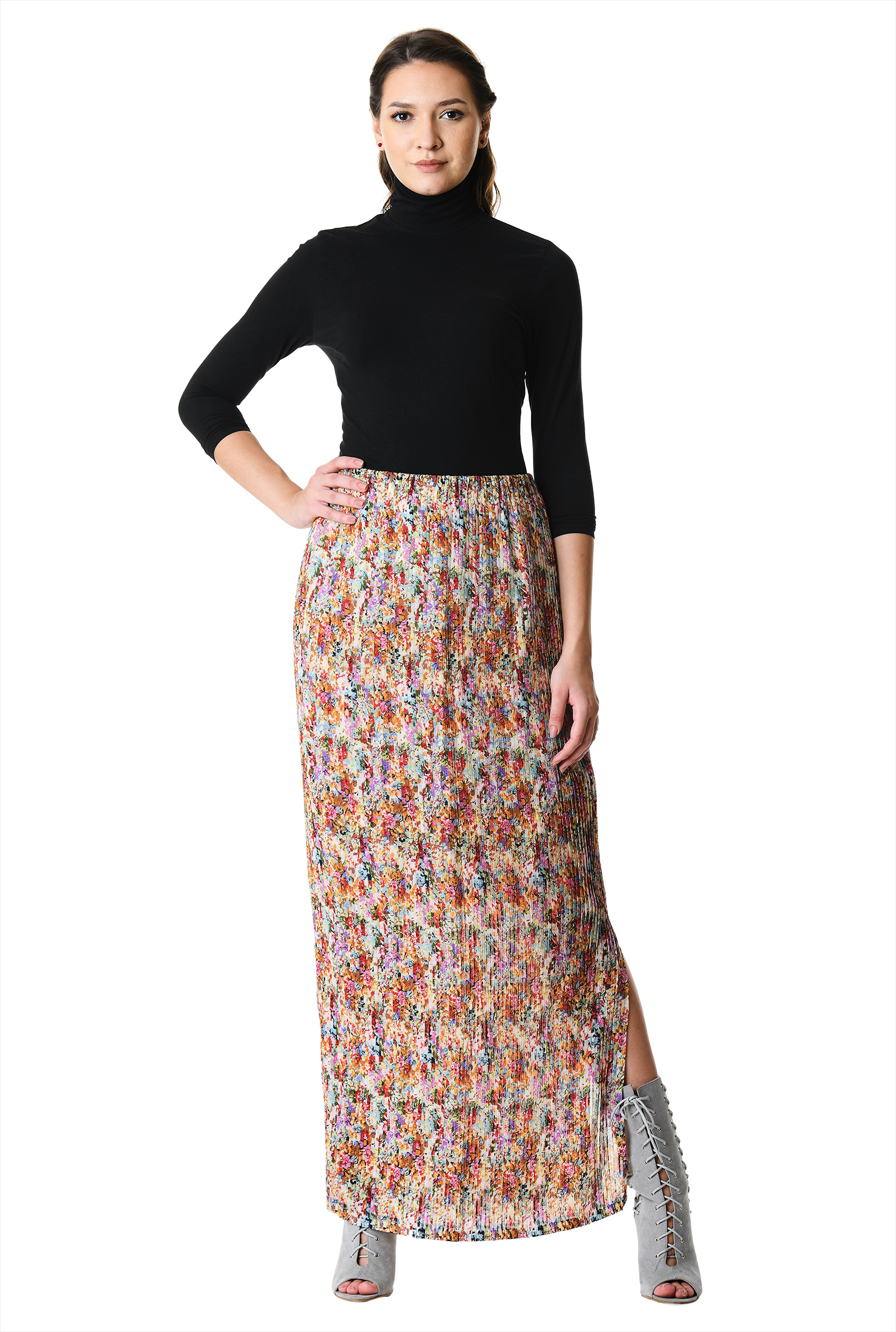 Shop Ditsy floral print pleat maxi skirt eShakti