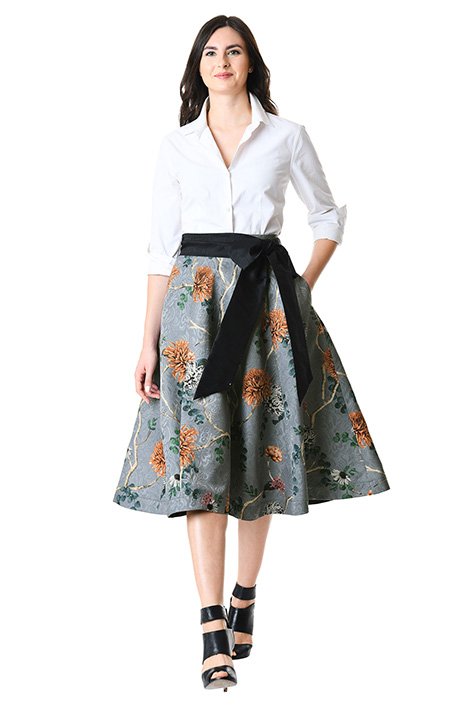 Shop Sash tie floral print jacquard skirt | eShakti