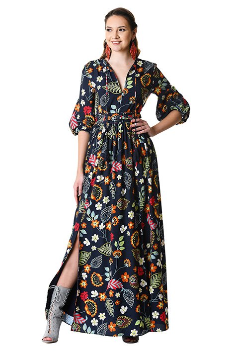 Shop Fun floral print tassel tie crepe maxi dress | eShakti
