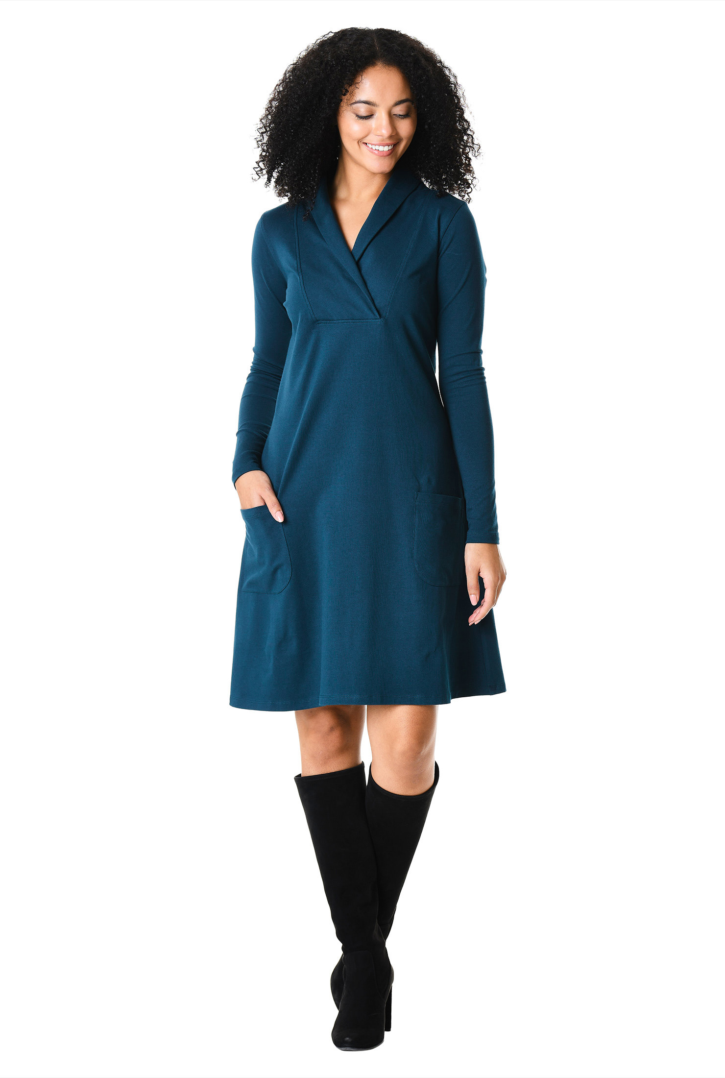 Shop Shawl collar cotton knit shift dress eShakti