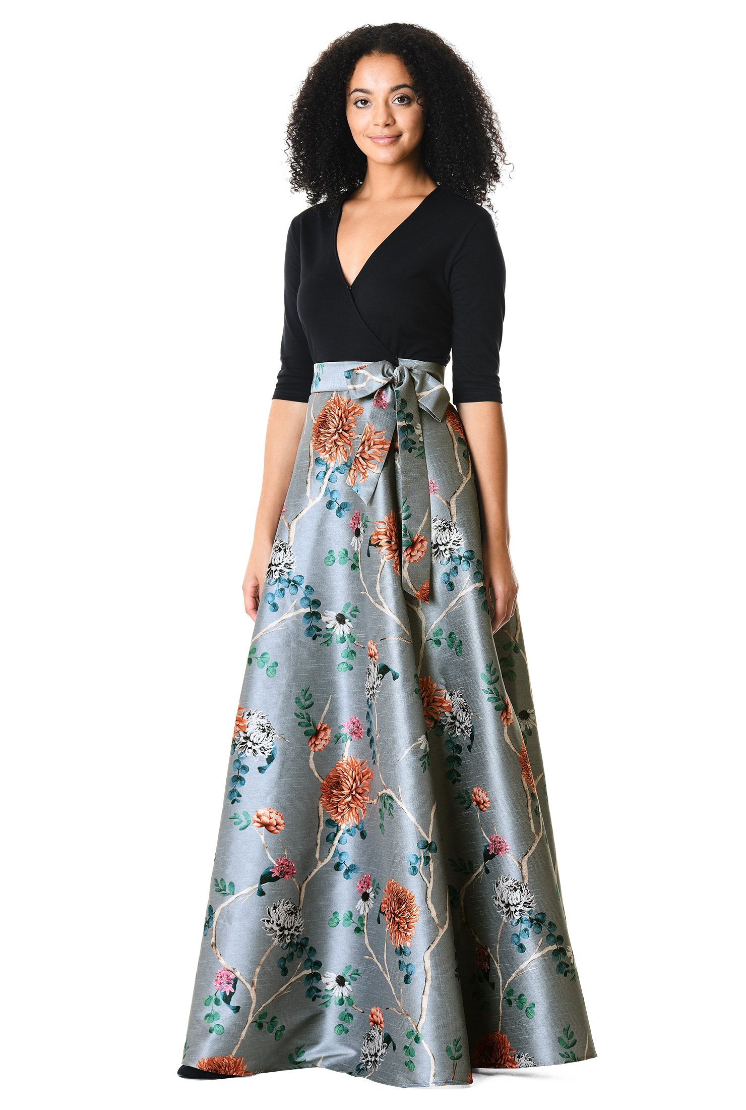 Shop Floral print dupioni and cotton knit maxi dress | eShakti