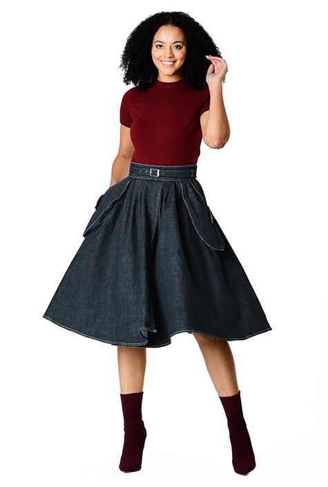 Shop Faux wrap cotton denim belted skirt eShakti