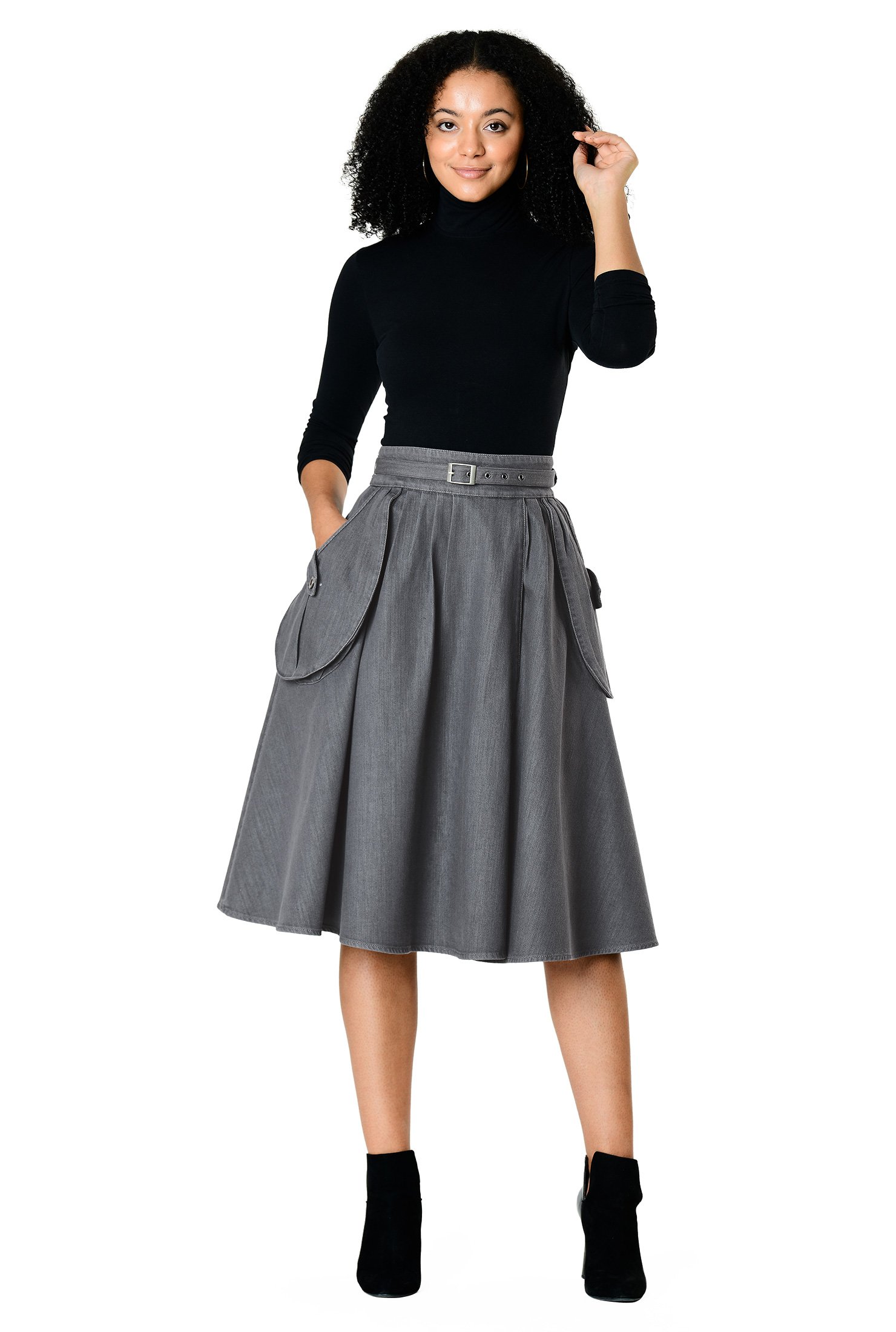 Shop Cargo pocket faux-wrap denim belted skirt | eShakti