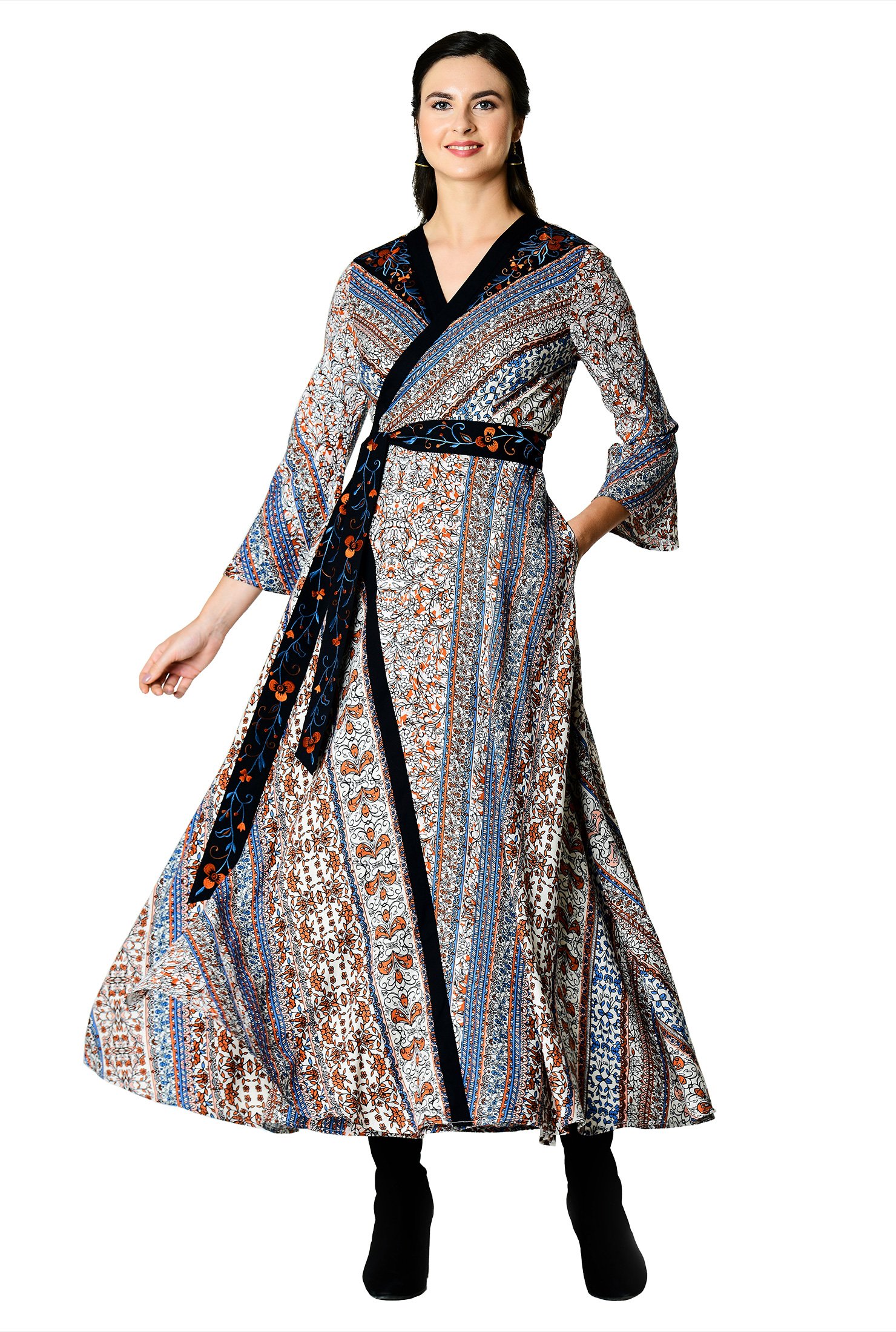 Shop Floral embellished stripe print wrap dress | eShakti