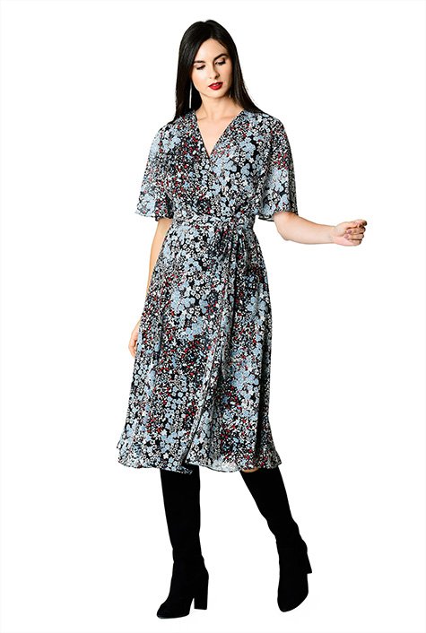 Shop Flutter sleeve floral print georgette wrap dress | eShakti