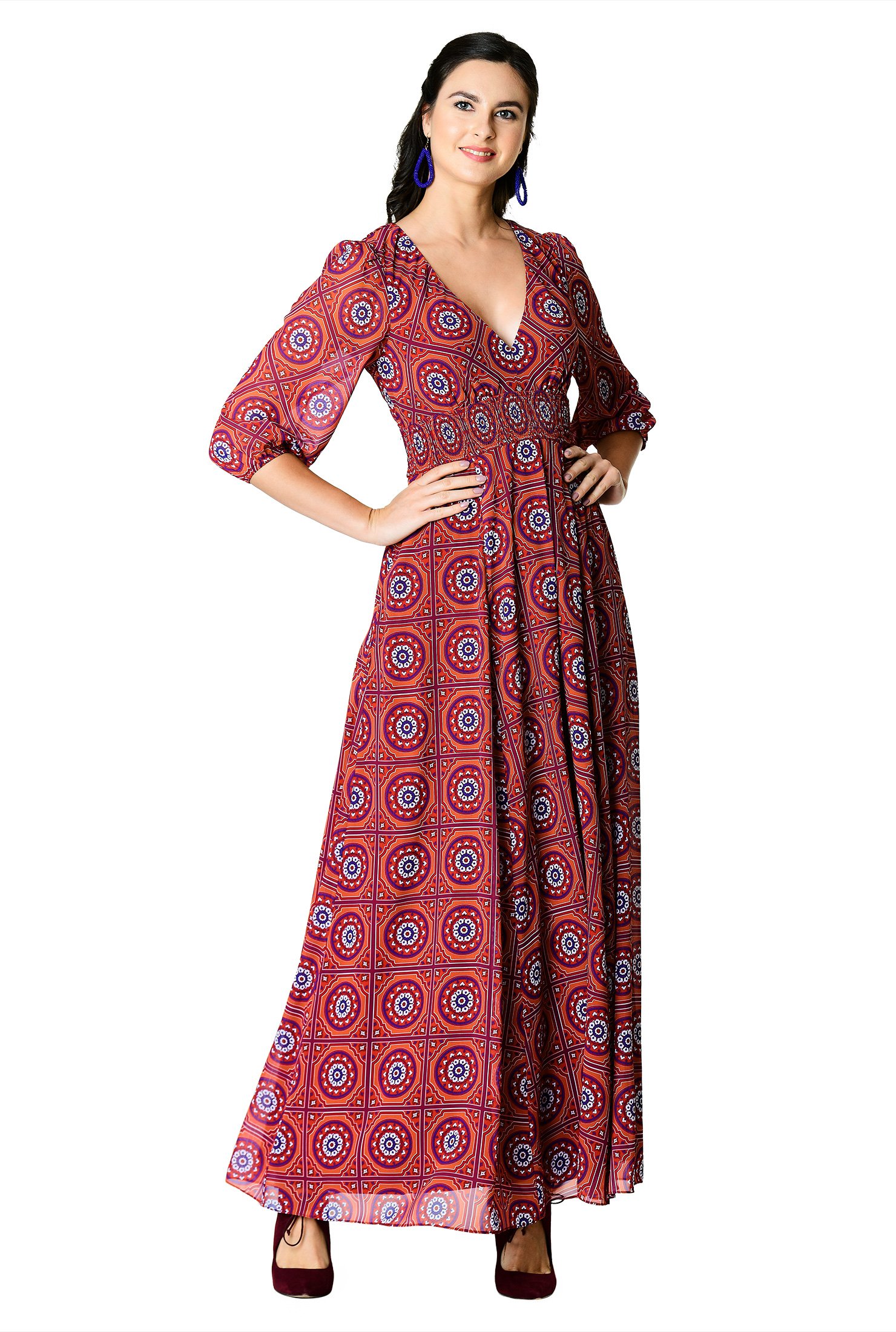 Shop Vented front tile print chiffon maxi dress | eShakti