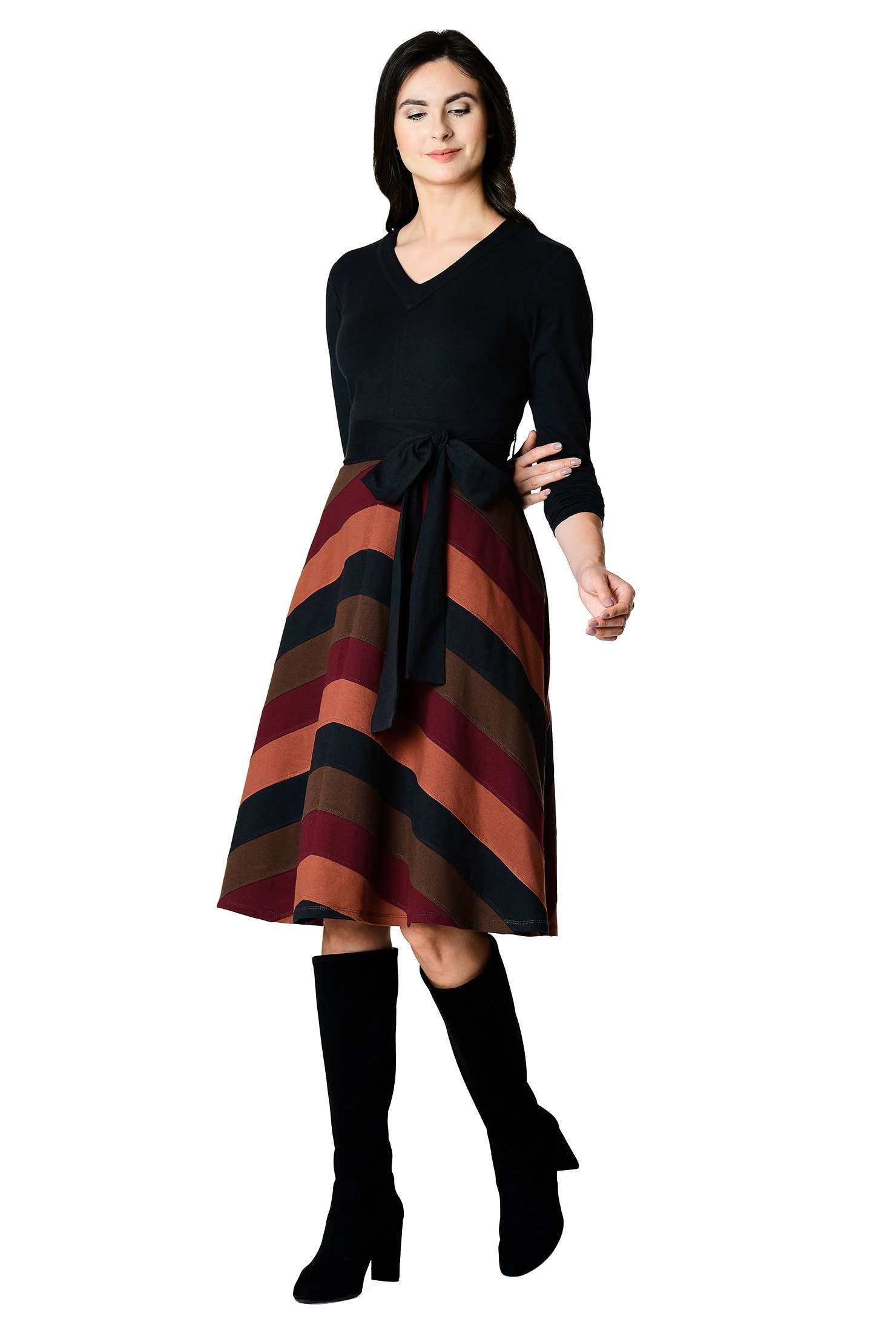 Shop Banded chevron stripe cotton knit dress | eShakti