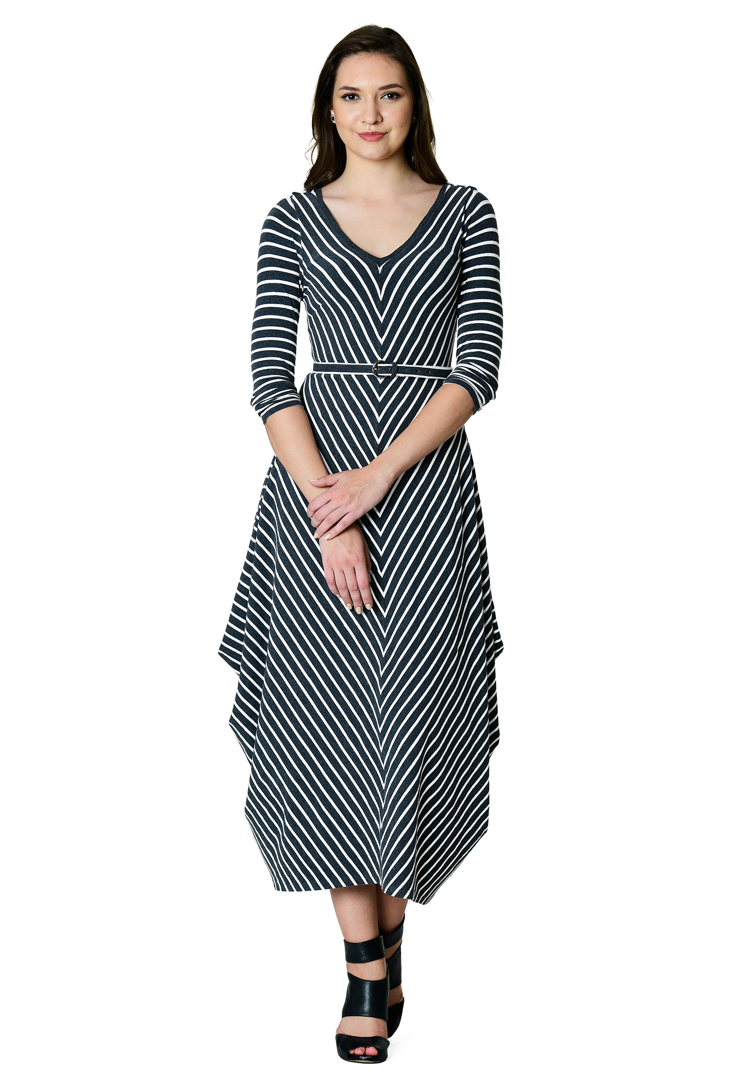 Shop Chevron stripe cotton knit draped side dress eShakti