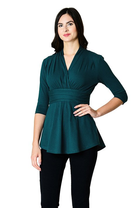 Shop Pleated surplice cotton knit peplum top | eShakti