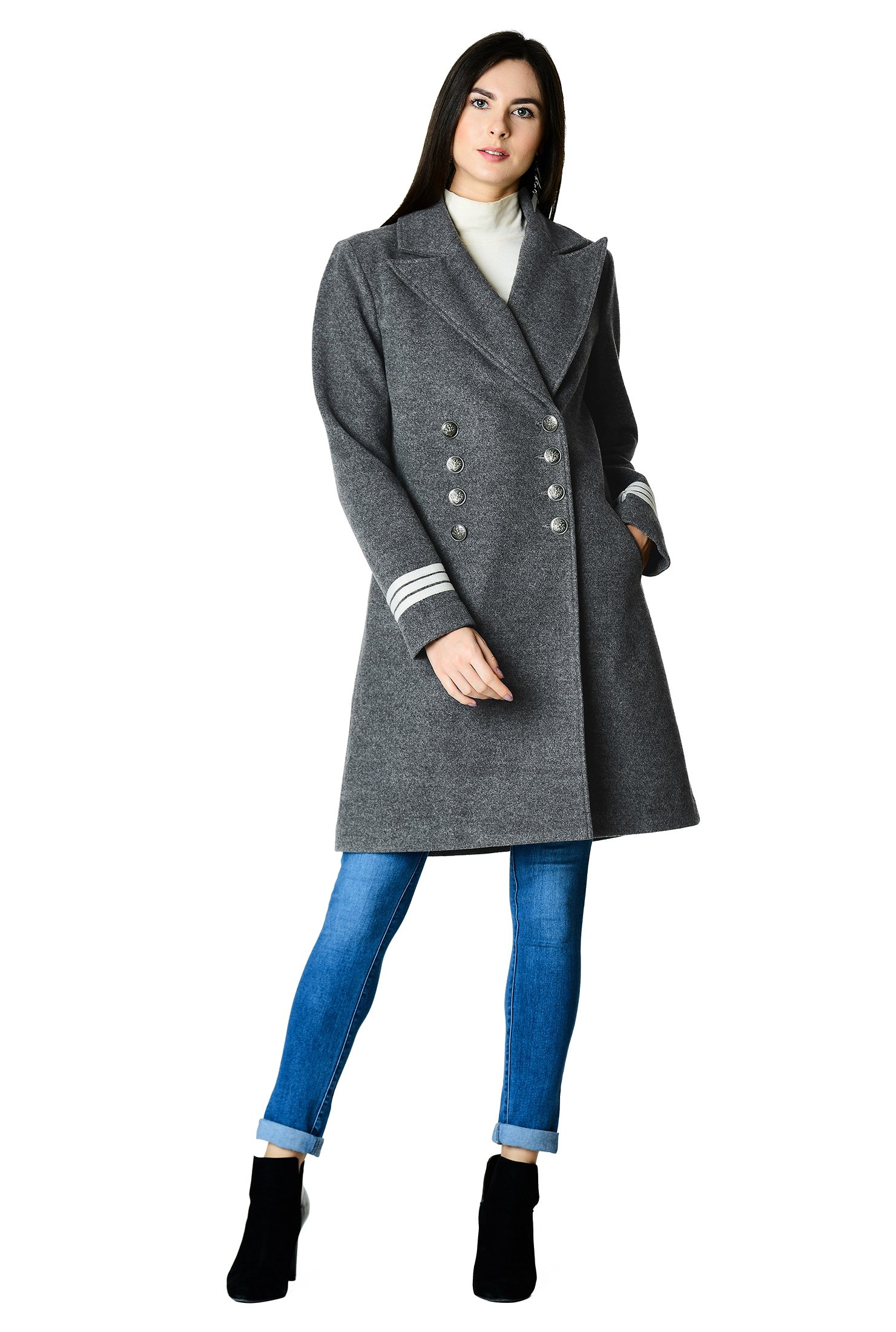 Shop Wool blend stripe trim double-breasted coat | eShakti