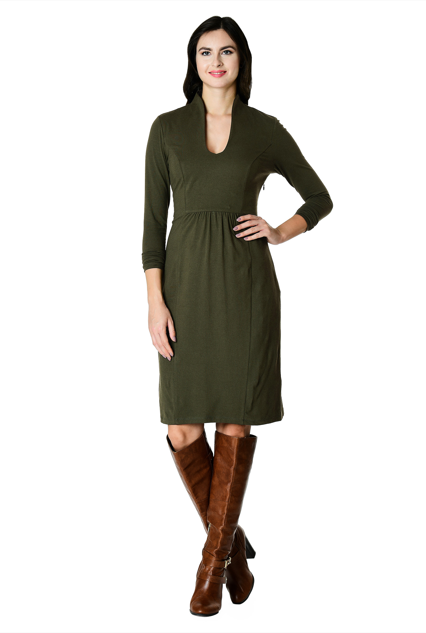 Shop Ruched bib cotton knit Aline dress eShakti